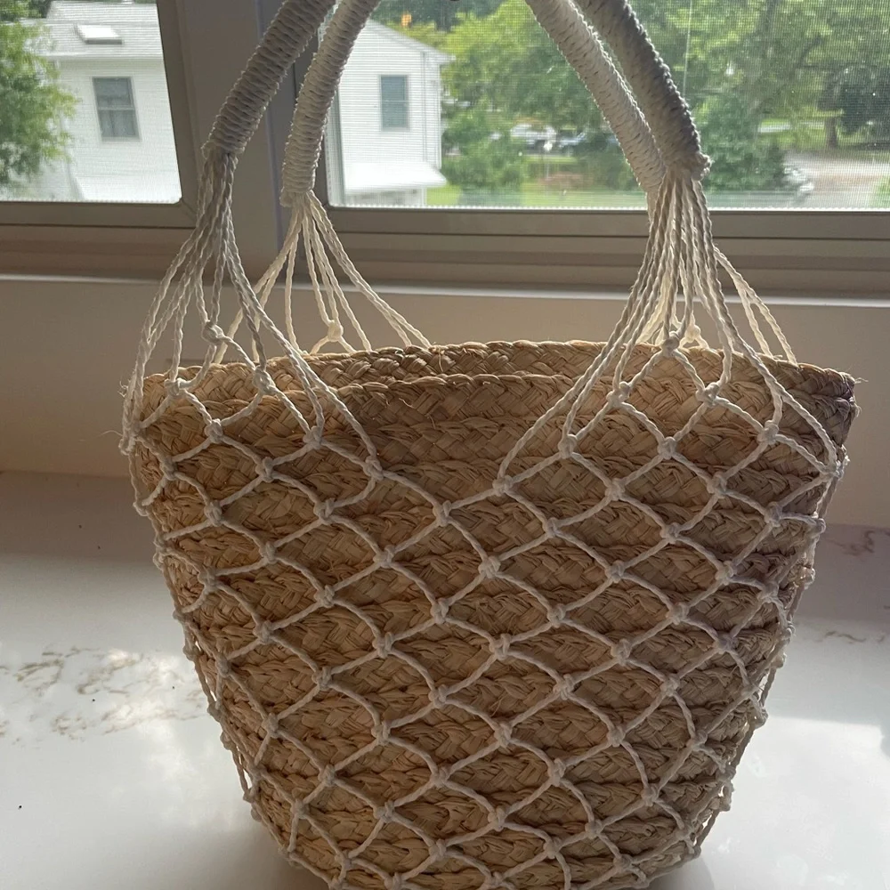 J. Crew Straw Tote with White Macrame Overlay